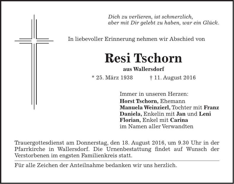 Traueranzeige Resi Tschorn