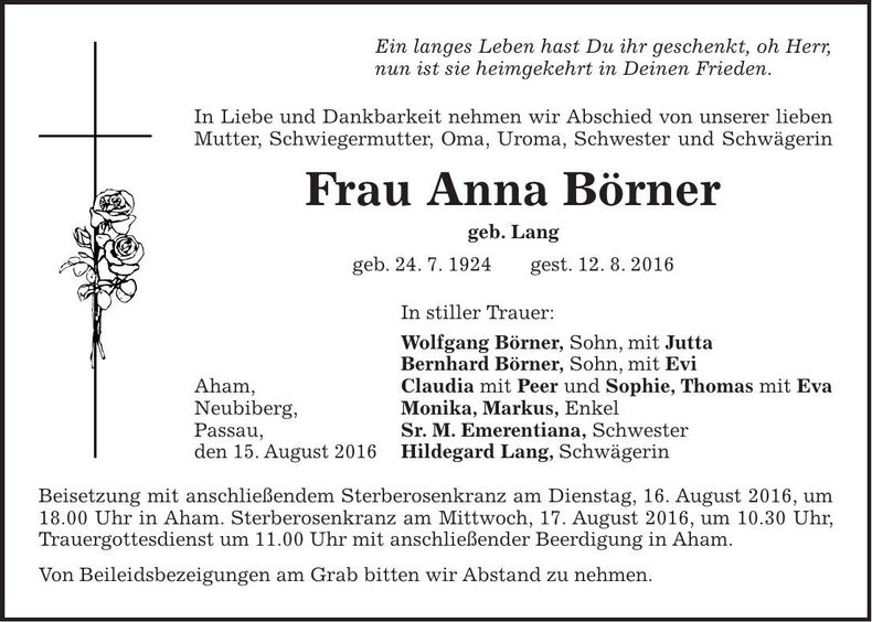 Traueranzeige Anna Börner