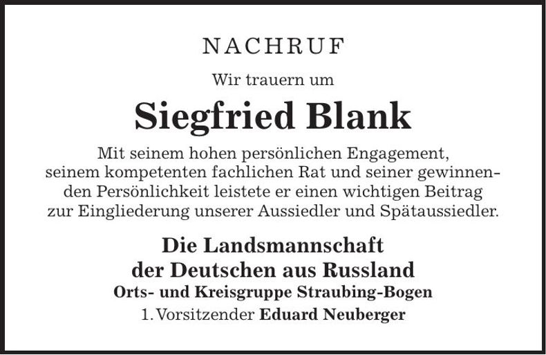 Traueranzeige Siegfried Blank