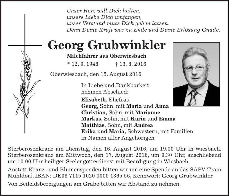 Traueranzeige Georg Grubwinkler