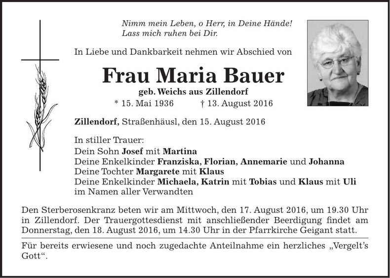 Traueranzeige Maria Bauer