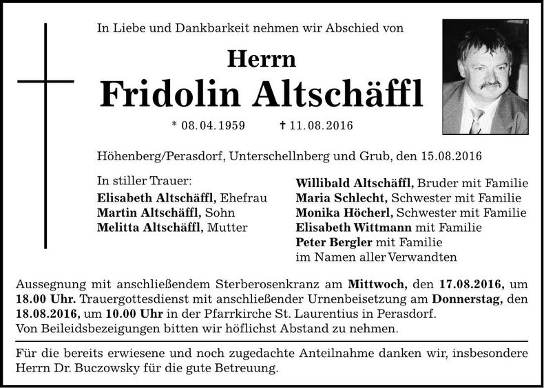 Traueranzeige Fridolin Altschäffl