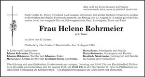 Traueranzeige Helene Rohrmeier
