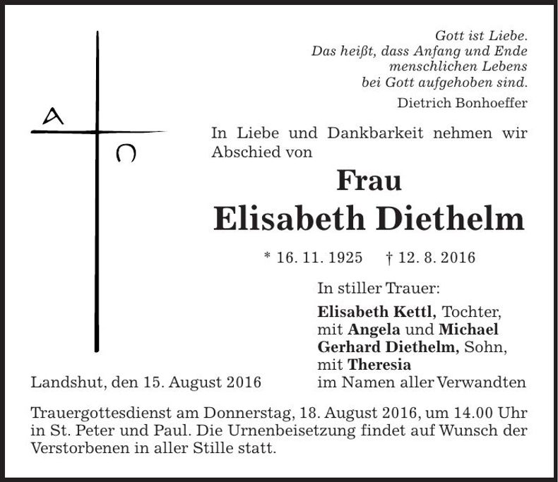 Traueranzeige Elisabeth Diethelm