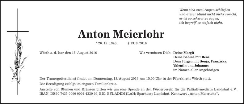 Traueranzeige Anton Meierlohr