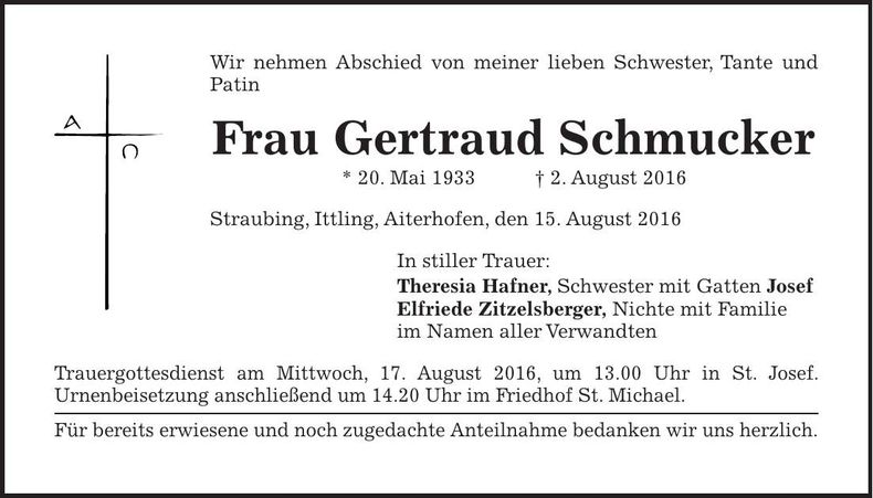 Traueranzeige Gertraud Schmucker