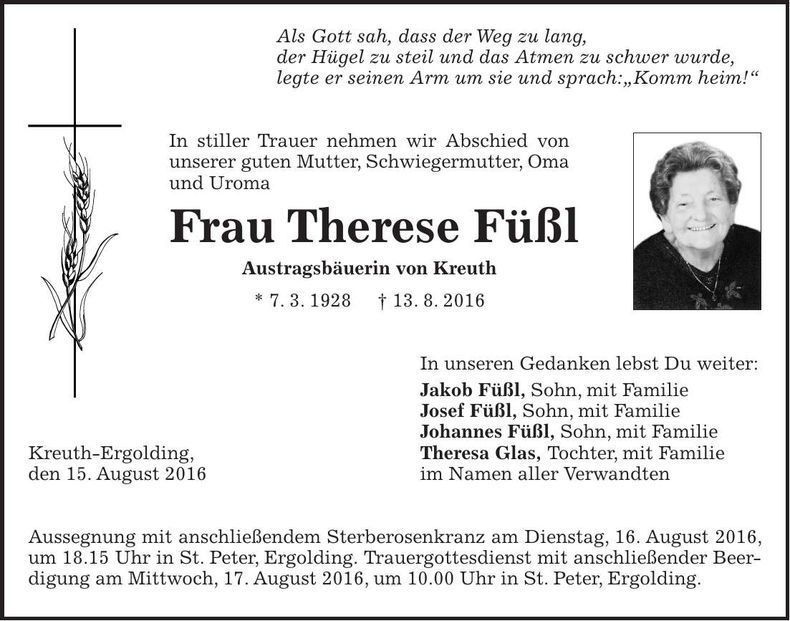 Traueranzeige Therese Füßl