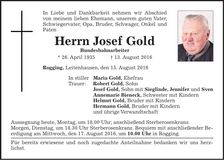 Traueranzeige Josef Gold