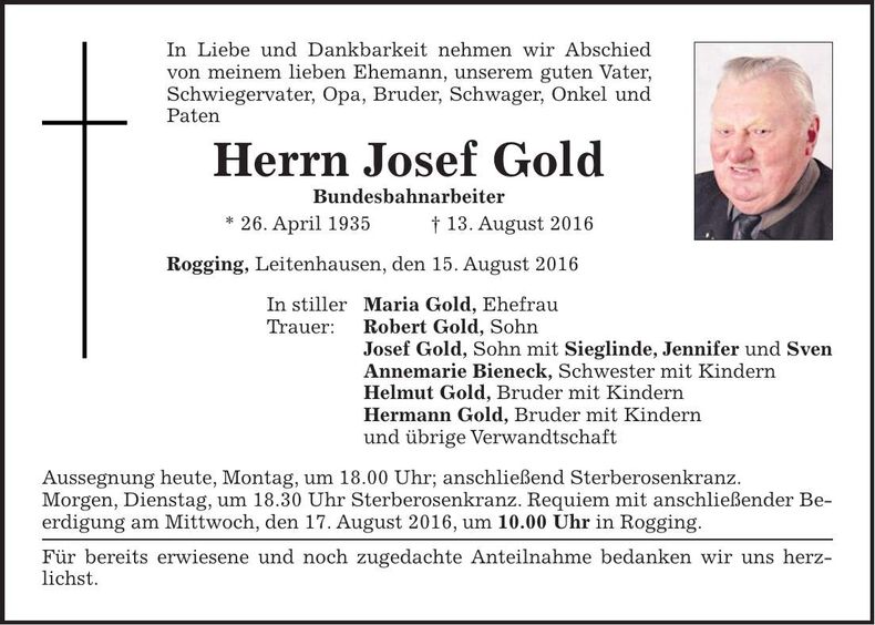 Traueranzeige Josef Gold