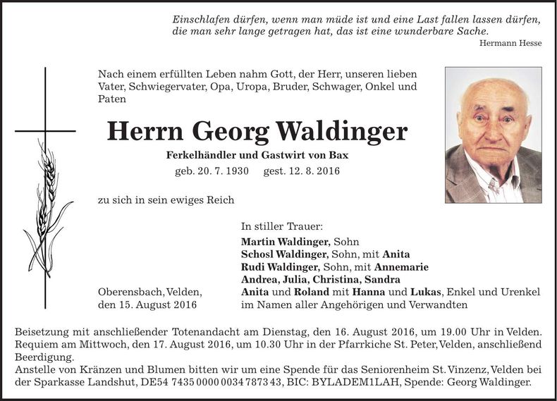 Traueranzeige Georg Waldinger