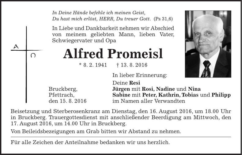 Traueranzeige Alfred Promeisl