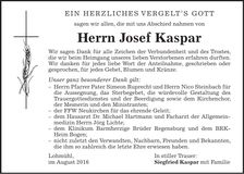 Traueranzeige Josef Kaspar