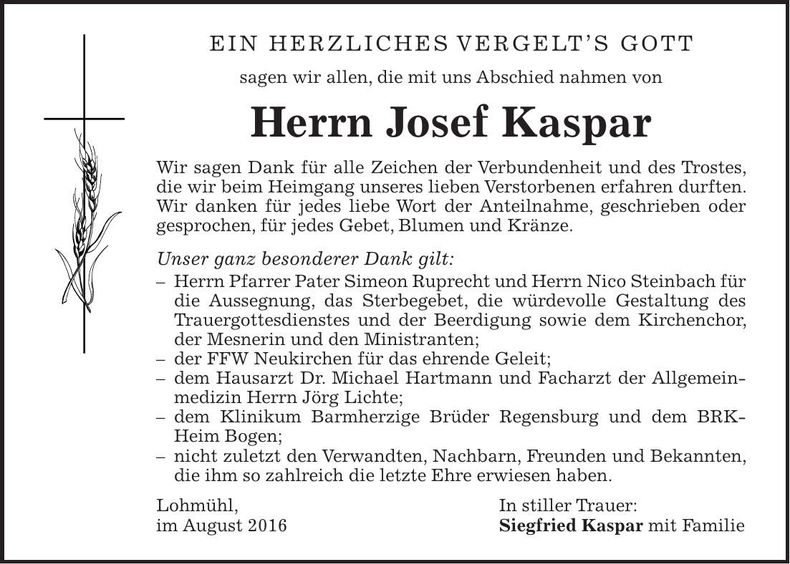 Traueranzeige Josef Kaspar