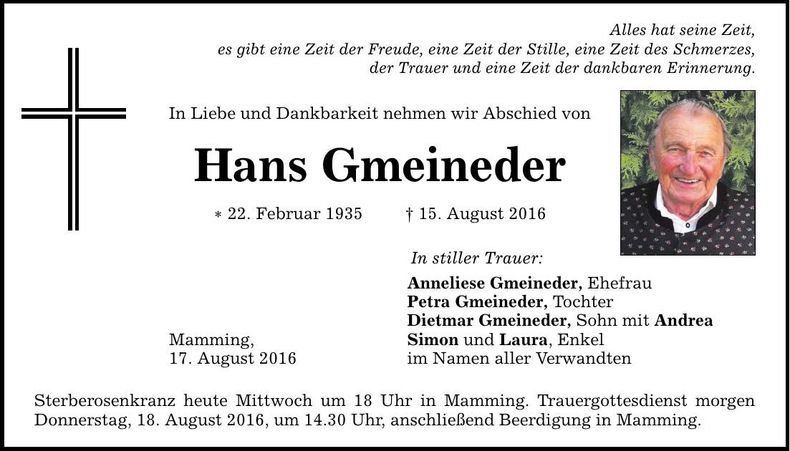 Traueranzeige Hans Gmeineder