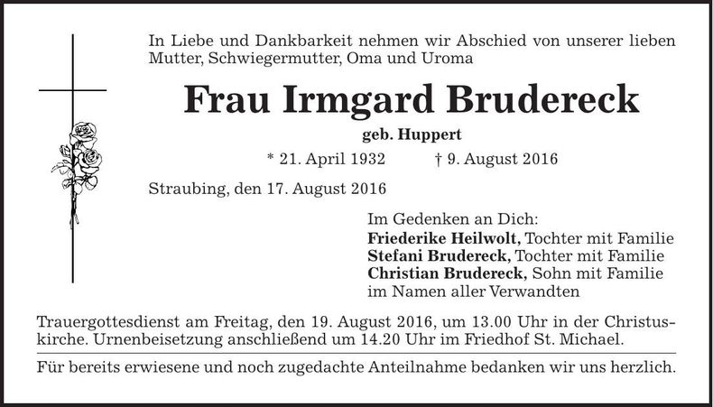 Traueranzeige Irmgard Brudereck