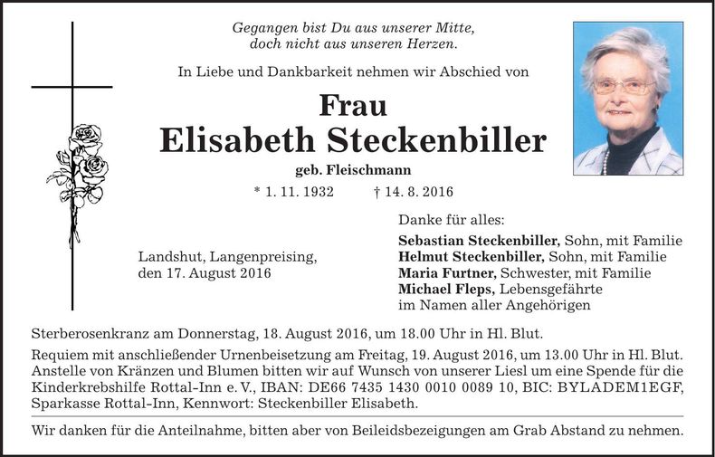 Traueranzeige Elisabeth Steckenbiller