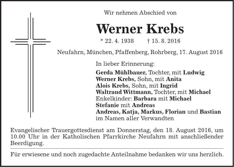 Traueranzeige Werner Krebs