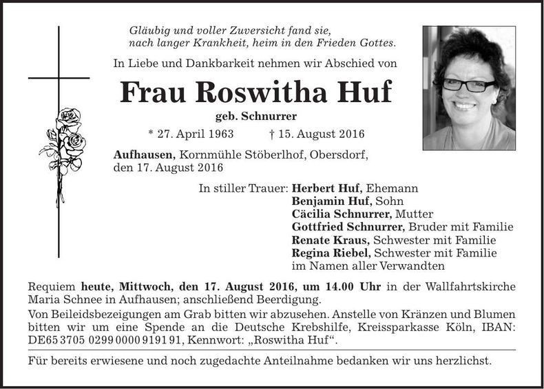 Traueranzeige Roswitha Huf