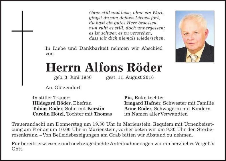 Traueranzeige Alfons Röder