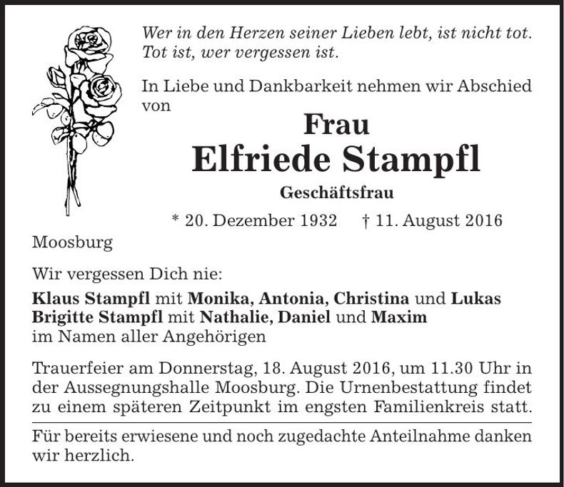 Traueranzeige Elfriede Stampfl