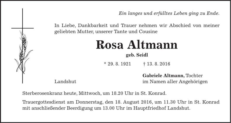 Traueranzeige Rosa Altmann