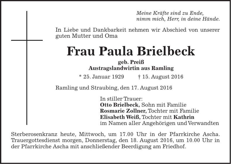 Traueranzeige Paula Brielbeck