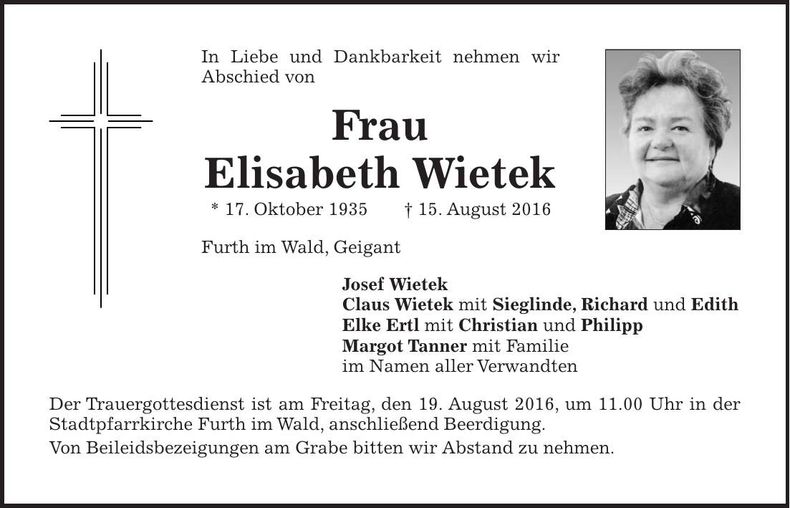 Traueranzeige Elisabeth Wietek