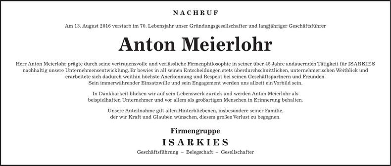 Traueranzeige Anton Meierlohr