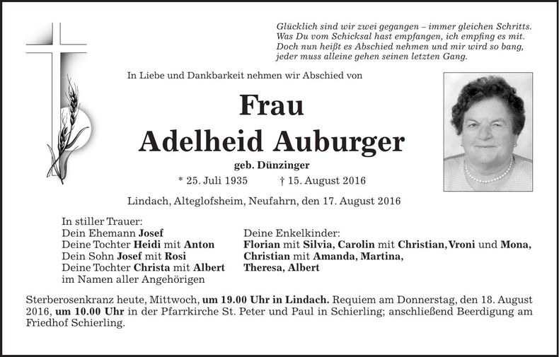 Traueranzeige Adelheid Auburger