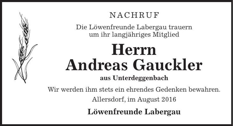 Traueranzeige Andreas Gauckler