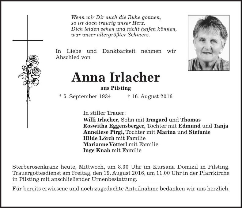 Traueranzeige Anna Irlacher