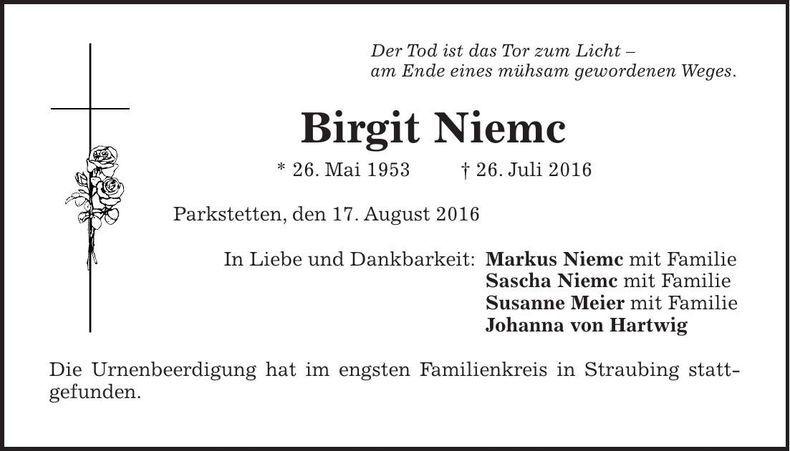 Traueranzeige Birgit Niemc