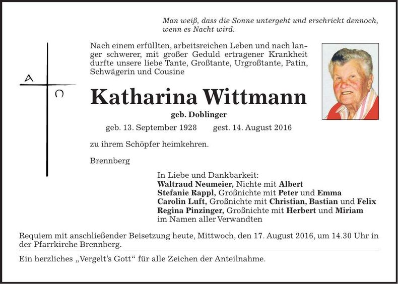 Traueranzeige Katharina Wittmann