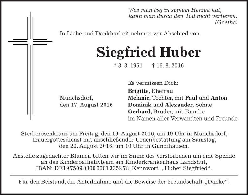 Traueranzeige Siegfried Huber