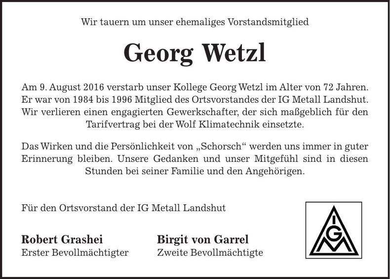 Traueranzeige Georg Wetzl