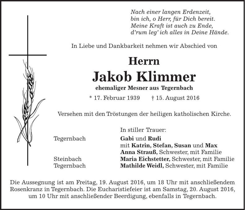 Traueranzeige Jakob Klimmer