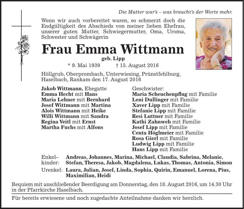 Traueranzeige Emma Wittmann