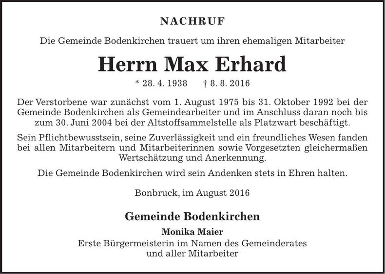 Traueranzeige Max Erhard