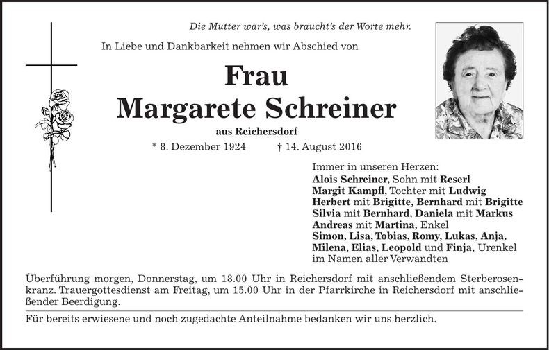 Traueranzeige Margarete Schreiner