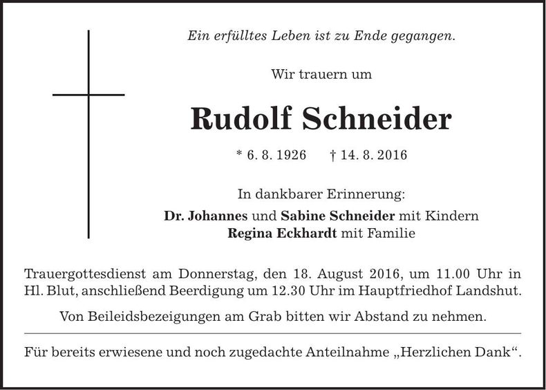 Traueranzeige Rudolf Schneider