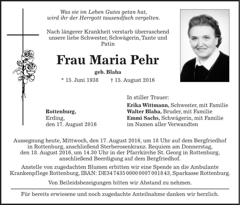 Traueranzeige Maria Pehr
