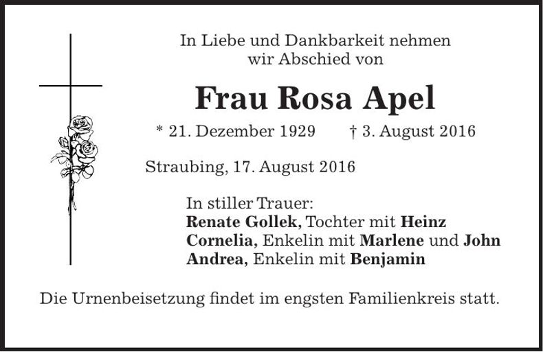 Traueranzeige Rosa Apel