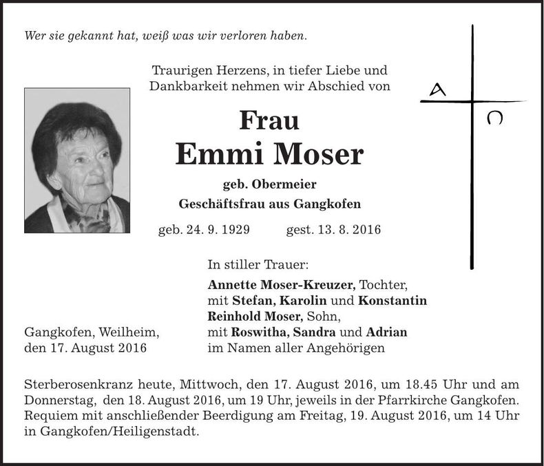 Traueranzeige Emmi Moser