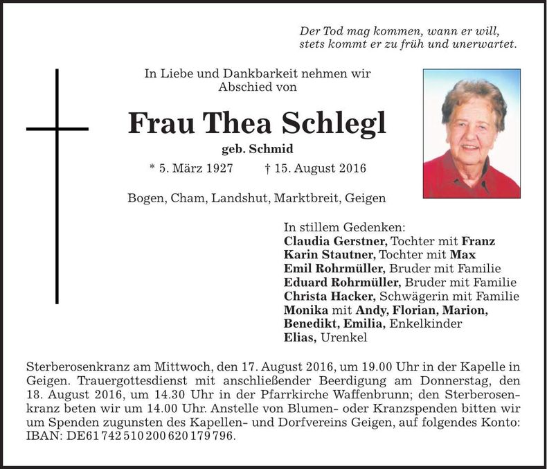 Traueranzeige Thea Schlegl