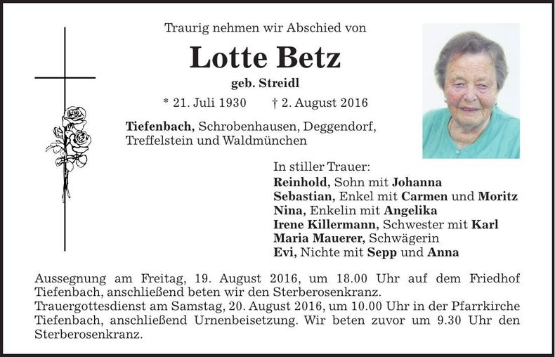 Traueranzeige Lotte Betz