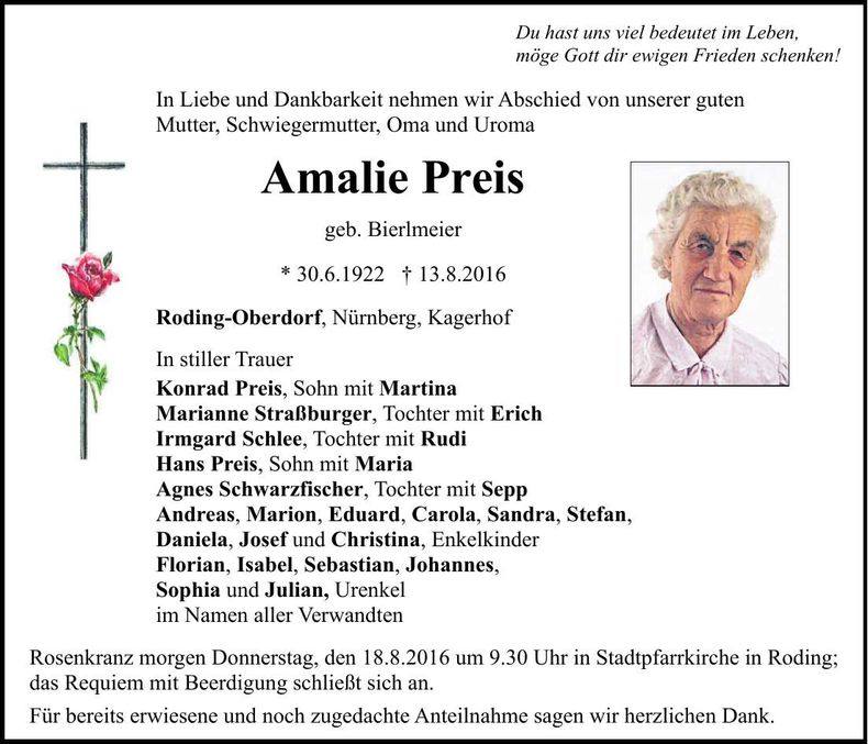 Traueranzeige Amalie Preis