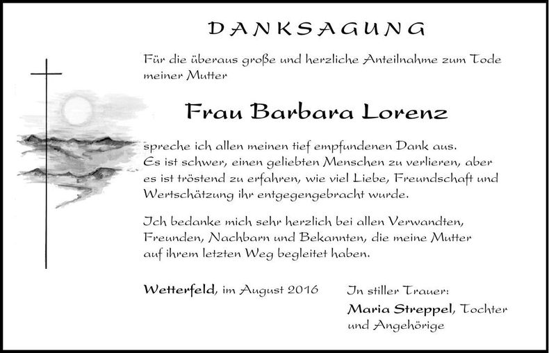 Traueranzeige Barbara Lorenz