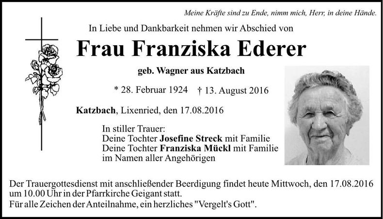 Traueranzeige Franziska Ederer