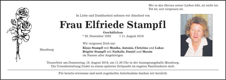 Traueranzeige Elfriede Stampfl