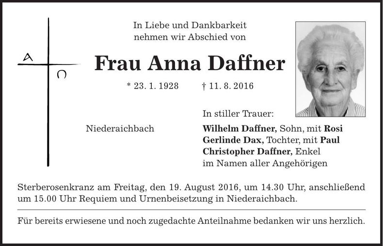 Traueranzeige Anna Daffner